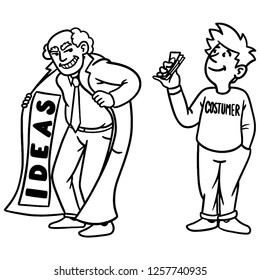 The boss keeps his ideas under lock and key in front of the willing buyer. Vector comic, fuck up, businessman does it wrong.