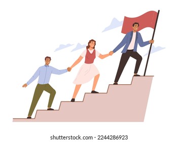 Boss or leader leading company in right direction, helping team members to copy with climbing ladder. Success and development. Flat cartoon character vector