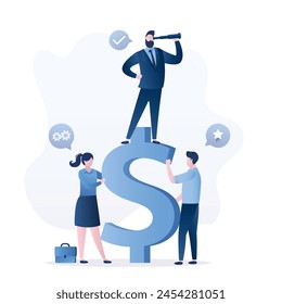 Boss or leader stands on large dollar sign and looks through spyglass. Business vision, company development strategy. Employees holding dollar sign. Financial well-being of corporation. Flat vector