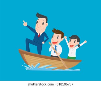 Boss leads employees, Businessman rowing team, Teamwork and Leadership concept