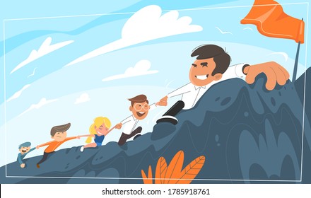 Boss leads office staff uphill. Purpose for the goal. while pulling along his colleagues. Concept for leadership, teamwork.