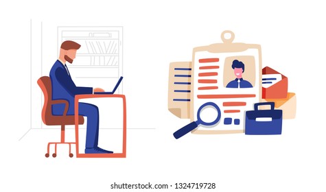 Boss look at candidate’s profile on job vacancy. Vector illurtration on white background. A man in a business suit scrutinize questionnaire  guy who looking for work after graduation.