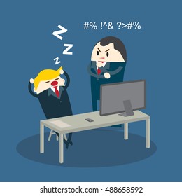 Boss looking with regret on a sleeping business man sitting at his desk. Flat style color modern vector illustration.