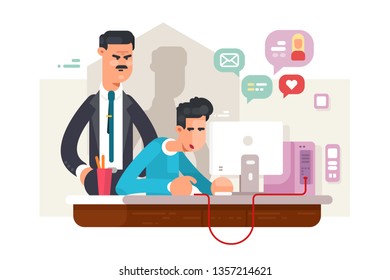 Boss looks employee vector illustration. Man sitting at workplace and using social media via internet during working time. Angry director standing behind him flat style concept