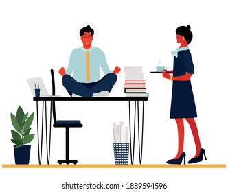 The boss in the lotus position on the desktop and his female assistant brought him tea. A scene from office life in a cartoon style, the concept of recreation. Vector illustration.