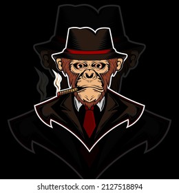 ilustración de diseño del logo del jefe mafia monkey