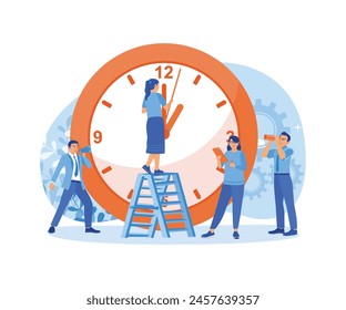 Der Chef macht eine Durchsage mittels Megafon. Die Mitarbeiter erledigen die Arbeiten termingerecht. Zeitmanagement-Konzept. Flache Vektorillustration.