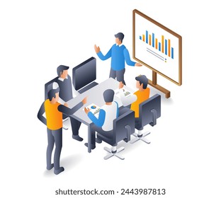 Boss is making a presentation for business products, flat isometric 3d illustration