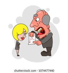 Boss man character screams on worker. Vector flat cartoon illustration
