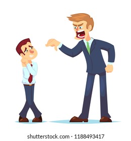 Boss man character screams on worker. Vector flat cartoon illustration Angry businessman shouting at employee