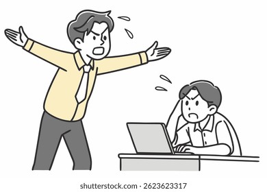 Boss man character screams on worker. Vector flat cartoon illustration