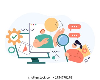 Boss man character taking interview job work candidate by internet online. Recruitment head hunting human resources concept. Vector flat cartoon modern style abstract illustration
