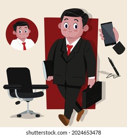 boss man cute 2d character ready for animation complete with job tools