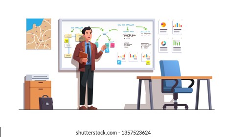 Boss Man Preparing Whiteboard Presentation On Business Regional Marketing Strategy Using Diagrams, Sticky Notes In His Office. Leader Planning Presentation. Flat Vector Character Illustration