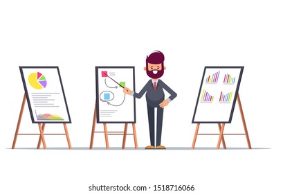 Boss man preparing whiteboard presentation on business regional marketing strategy using diagrams, sticky notes in his office.Cartoon style, flat vector illustration.Vector illustration in a flat styl