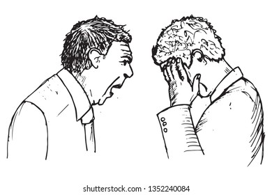 Boss man  screams on worker. Vector hand drawn illustration. 
