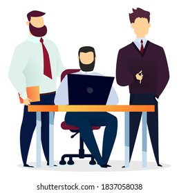 Boss and manager stand near office worker and talk to him about work. Man sit on chair by table and type on laptop. Conversation between three businessmen. Vector illustration of workplace in flat