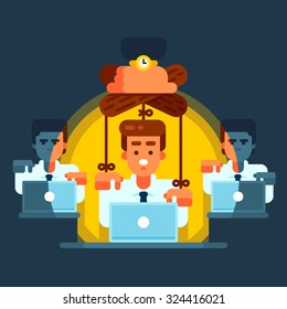 Boss manipulates staff. Marionettes. Business concept. Vector flat illustration.