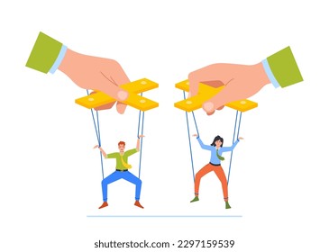 Boss Manipulator Control Marionettes Employees Hanging on Ropes. Male and Female Subordinate Characters Obey