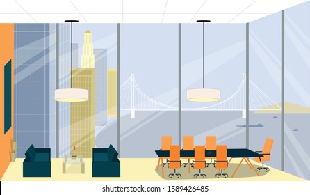 Boss Meeting, Room Interior with High Ceiling. Office for Important Negotiations with Significant Clients, Directors Board Company. Large Window Overlook Ocean, Large Bridge and High City Buildings.