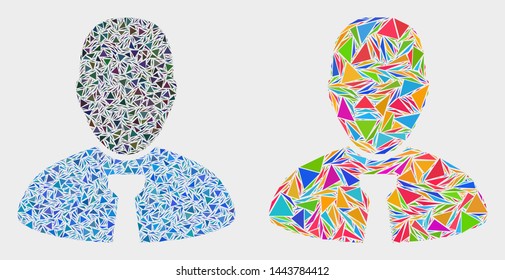 Boss mosaic icon of triangle items which have different sizes and shapes and colors. Geometric abstract vector illustration of boss.