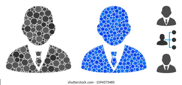 Boss mosaic of small circles in different sizes and color hues, based on boss icon. Vector small circles are composed into blue composition. Dotted boss icon in usual and blue versions.