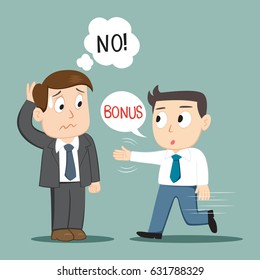 Boss no bonus feel stress with employee told no bonus, vector illustration cartoon