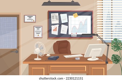 Diseño interior plano vectorial de gabinete jefe. Antecedentes de la oficina de trabajo. Habitación amueblada con ilustraciones de escritorio y sillón. Lugar de trabajo vacío dentro de la construcción corporativa