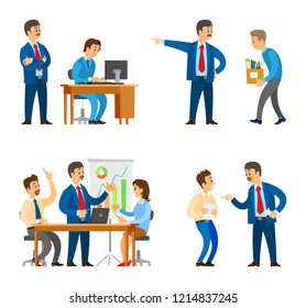 Boss in office, director firing man, bad employee walking to exit vector. Seminar business gathering of workers brainstorming and finding solution