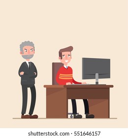 The boss is on the employee. Tired business man. Sleek modern style vector illustration.