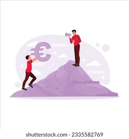 The boss on the mountain speaks into a megaphone to an employee carrying a significant euro symbol. Trend Modern vector flat illustration.