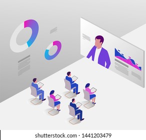 Boss on screen making a speech for the audience. Business video conference, online training, webinar. Isometric vector illustration.