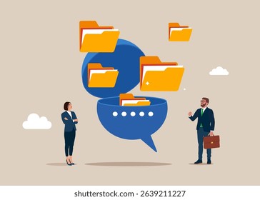 Boss open feedback speech bubble to see a folders in speech bubble. Social media network ads and internet. Organize folder, leadership skill or trust on work responsibility. Flat vector illustration - Powered by Shutterstock - Get 15% off with code: PIKWIZARD15