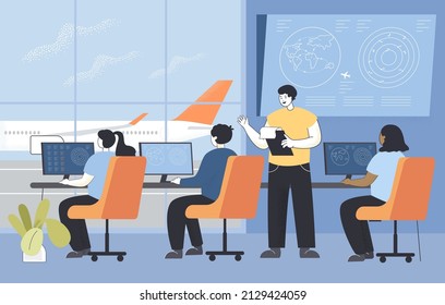 Boss and operators in control tower at international airport. People working and controlling flight of aircraft flat vector illustration. Transportation, aviation concept for banner or landing page