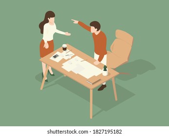 The boss ordered the staff to correct the job again. Isometric Illustration about working on the table.