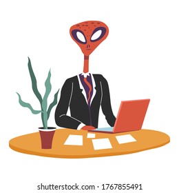 Boss From Outer Space, Alien Character Working On Laptop. Isolated Personage In Formal Outfit, Extraterrestrial Director Of Company With Personal Computer And Paper Documents Vector In Flat Style