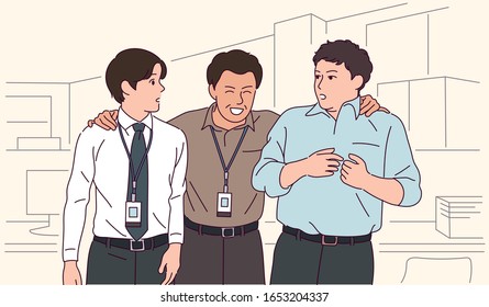 El jefe está sobrecargado de trabajo y sonriendo. Antecedentes de la oficina. ilustraciones de diseño vectorial de estilo dibujado a mano. 