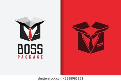 Boss Package Logo Design. Package Box and Boss Suit Combination with Flat Minimalist Design Concept.