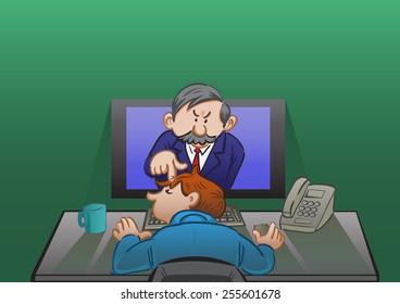 boss pick the sleeping employee from computer screen