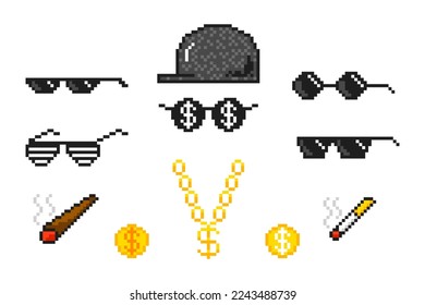 Atributos de píxeles de jefe, anteojos de píxel bandido, cadena de oro gangster, gorra y cigarrillos. La vida de los vasos de píxeles de un jefe matón, cadena de oro, dinero, gorra, cigarrillos y cigarrillos. Ilustración vectorial.