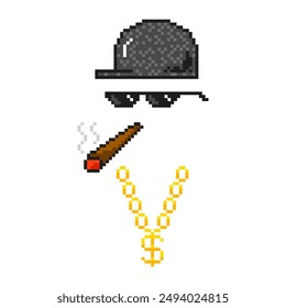 Boss pixel attributes, bandit pixel glasses, gangster gold chain, cap and a cigar. The life of a thug boss.