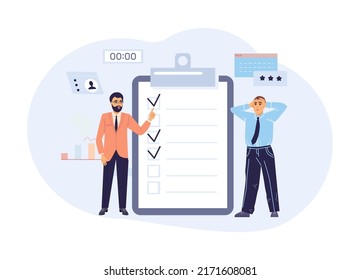 Boss pointing at checklist with complete and failure tasks. Frustrated male employee does not meet deadline. Project management, business tasks, goal achievement flat vector