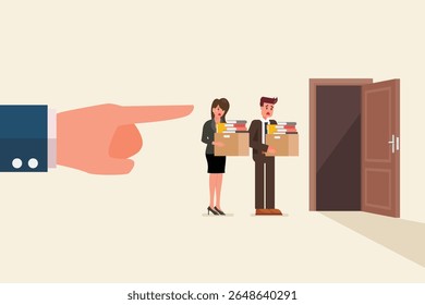 El jefe señala con el dedo a los empleados de mala conducta. Concepto de desempleo. Ilustración vectorial