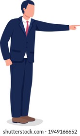 Boss pointing finger flat color vector faceless character. Businessman in suit. Dismiss from work. Angry employer firing employee isolated cartoon illustration for web graphic design and animation