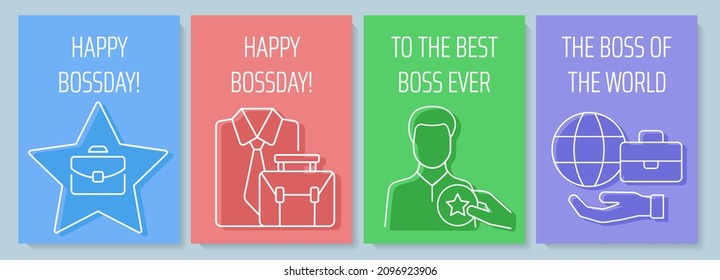 Boss postcard with linear glyph icon set. Congratulate director and ceo. Greeting card with decorative vector design. Simple style poster with creative lineart illustration. Flyer with holiday wish