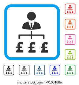 Boss Pound Payments icon. Flat grey iconic symbol inside a light blue rounded square. Black, gray, green, blue, red, orange color variants of Boss Pound Payments vector. Designed for web and app UI.