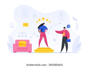 Boss Praises Experienced Employee For Financial Income Of Company Vector Cartoon. Satisfied Man Thanks Worker For Big Profit And Work. Woman Proud Of Her Success Receives Concept Award.