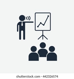 Boss praises team. Flip chart for presenation. Education and management icons. Cartoon flat vector illustration. Objects isolated on a white background.