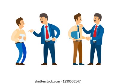 Boss praising worker with papers documentation and giving reprimands to novice. Employer and employee shouting at man, bad leader, company director