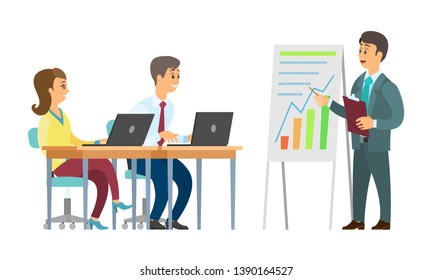 Boss presenter on seminar vector, businessman with listening coworkers. Presentation on whiteboard infocharts and analytics, workers with laptops